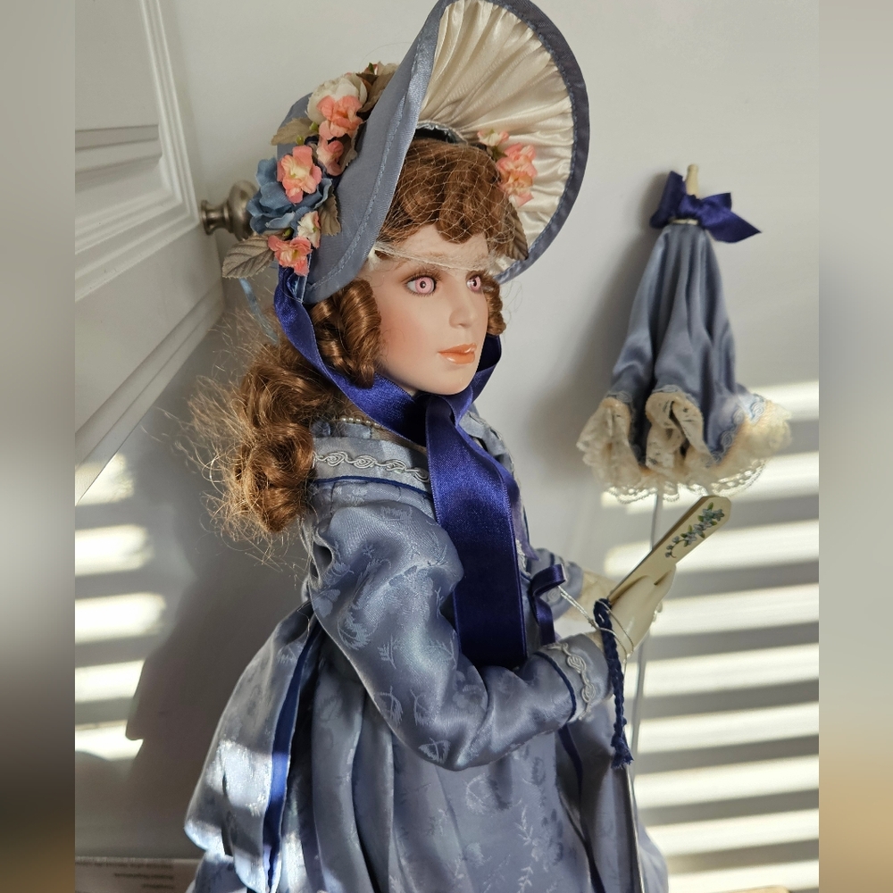 Elegant Danbury Mint Emma Porcelain Doll in Blue Dress with Hat IOB